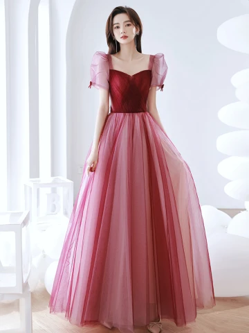 Hermoso Borgoña Vestidos De Gala 2022 A Line Princess Escote Cuadrado Hinchado Manga Corta Sin Espalda Largos Vestidos Formales