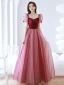 Chic / Beautiful Burgundy Prom Dresses 2022 A-Line / Princess Square Neckline Puffy Short Sleeve Backless Floor-Length / Long Formal Dresses