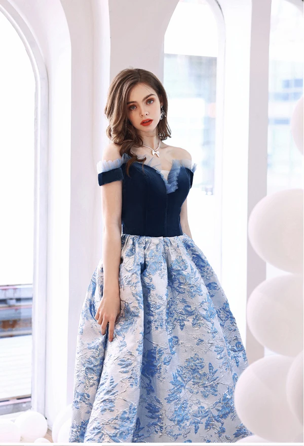 Elegant Ocean Blue Glitter Suede Prom Dresses 2022 Satin Ball Gown Off-The-Shoulder Short Sleeve Backless Floor-Length / Long Formal Dresses