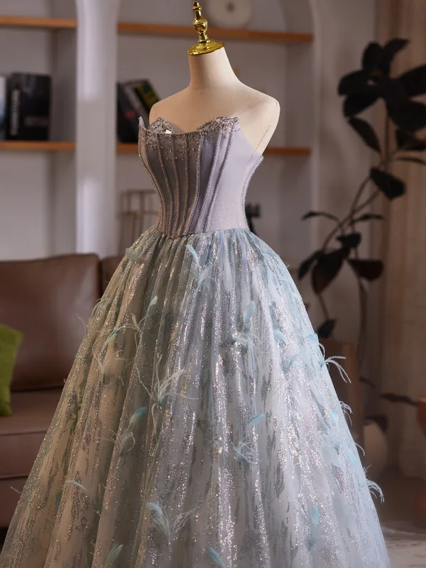 High-end Corset Silver Grey Prom Dresses 2025 Beading Feather Sweet 16 Dancing Formal Dresses Off-The-Shoulder Floor-Length / Long Sleeveless