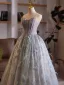High-end Corset Silver Grey Prom Dresses 2025 Beading Feather Sweet 16 Dancing Formal Dresses Off-The-Shoulder Floor-Length / Long Sleeveless