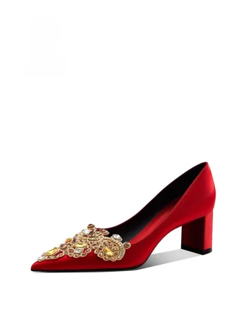 Chinese Style Red Satin Rhinestone Wedding Shoes 2026 5 Cm Stiletto Heels Pointed Toe Wedding Pumps High Heels