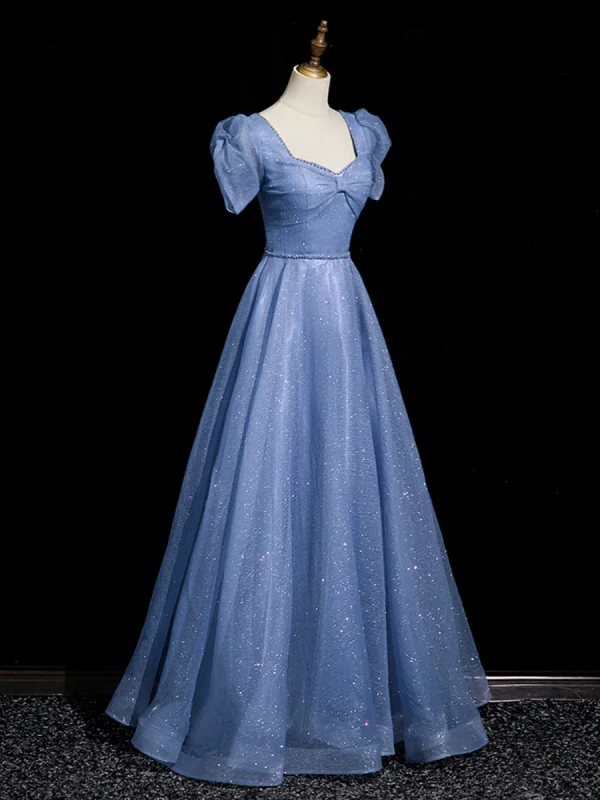 Chic / Beautiful Ocean Blue Sequins Prom Dresses 2023 A-Line / Princess Square Neckline Short Sleeve Backless Floor-Length / Long Prom Formal Dresses