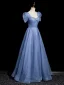 Chic / Beautiful Ocean Blue Sequins Prom Dresses 2023 A-Line / Princess Square Neckline Short Sleeve Backless Floor-Length / Long Prom Formal Dresses
