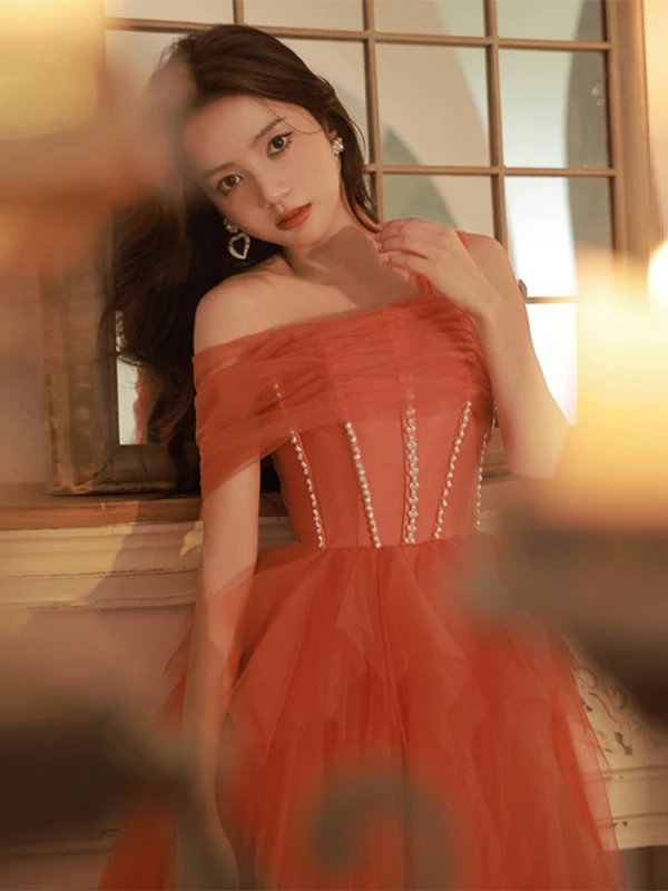 Charming Watermelon Beading Evening Dresses 2023 A-Line / Princess One-Shoulder Sleeveless Backless Floor-Length / Long Evening Party Formal Dresses