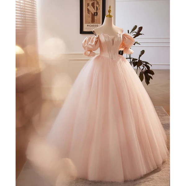 Chic / Beautiful Blushing Pink Beading Prom Dresses 2023 Ball Gown Off-The-Shoulder Puffy Short Sleeve Backless Floor-Length / Long Prom Formal Dresses