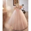 Chic / Beautiful Blushing Pink Beading Prom Dresses 2023 Ball Gown Off-The-Shoulder Puffy Short Sleeve Backless Floor-Length / Long Prom Formal Dresses