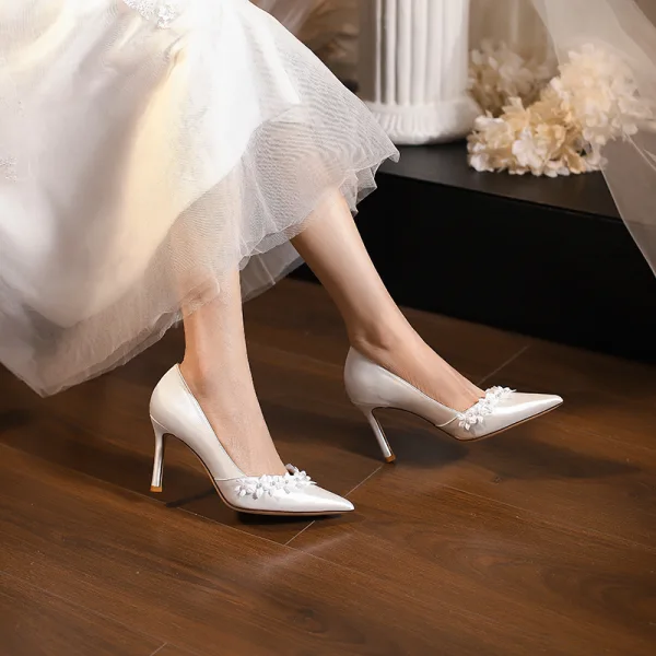 Elegant White Satin Appliques Wedding Shoes 2024 8 cm Stiletto Heels Pointed Toe Wedding Pumps High Heels