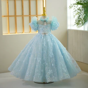 Chic Beautiful Sky Blue Pearl Tassel Sequins Appliques Birthday Flower Girl Dresses 2023 Ball Gown High Neck Puffy Short Sleeve Backless Floor Length Long