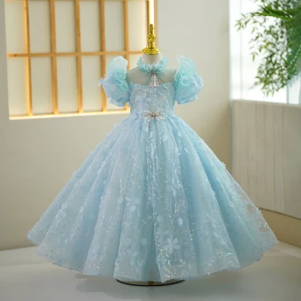 Chic Belle Bleu Ciel Perle Gland Paillettes Appliques Anniversaire Robe Ceremonie Fille 2023 Robe Boule Col Haut Gonflée Manches Courtes Dos Nu Longue