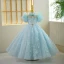 Chic / Beautiful Sky Blue Pearl Tassel Sequins Appliques Birthday Flower Girl Dresses 2023 Ball Gown High Neck Puffy Short Sleeve Backless Floor-Length / Long