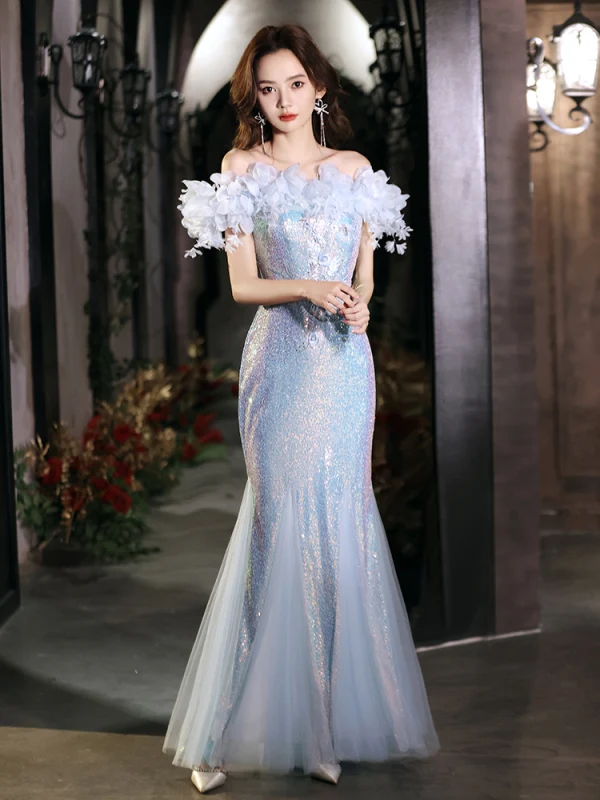 Scintillantes Bleu Ciel Perlage Appliques Paillettes Robe De Bal 2024 Trompette / Sirène De l'épaule Manches Courtes Dos Nu Longue Promo Robe De Ceremonie