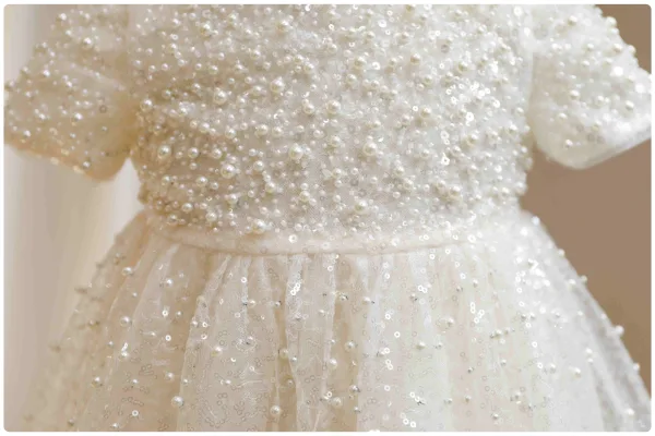 Elegant White Beading Pearl Sequins Wedding Flower Girl Dresses 2024 Ball Gown High Neck Short Sleeve Flower Girl Dresses Floor-Length / Long Tulle