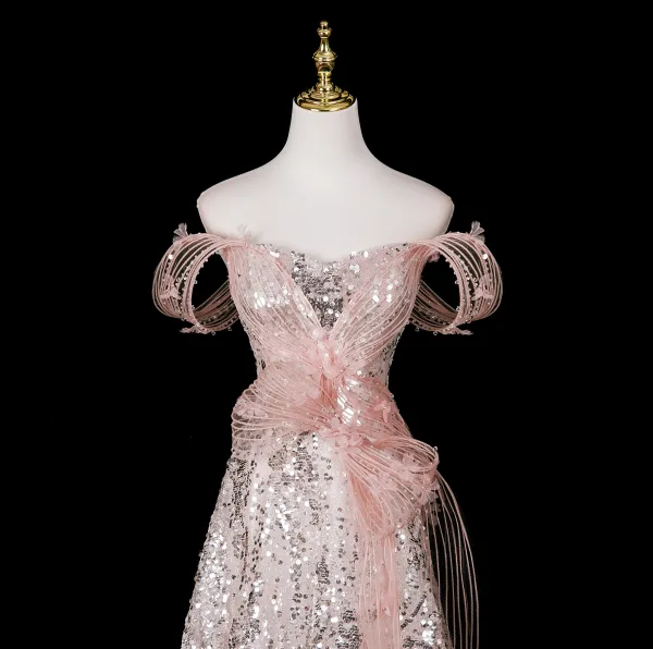 Sparkly Fashion Blushing Pink Appliques Sequins Prom Dresses 2025 A-Line / Princess Strapless Sleeveless Backless Floor-Length / Long Formal Dresses