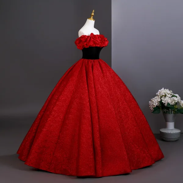 Vintage / Retro Red Prom Dresses 2025 Ball Gown Ruffle Strapless Sleeveless Backless Floor-Length / Long Formal Dresses