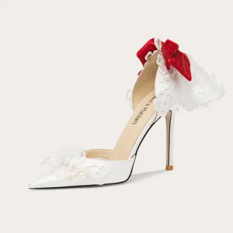 Charming White Bow Lace Flower Wedding Shoes 2024 Leather 10 Cm Stiletto Heels Pointed Toe Wedding High Heels