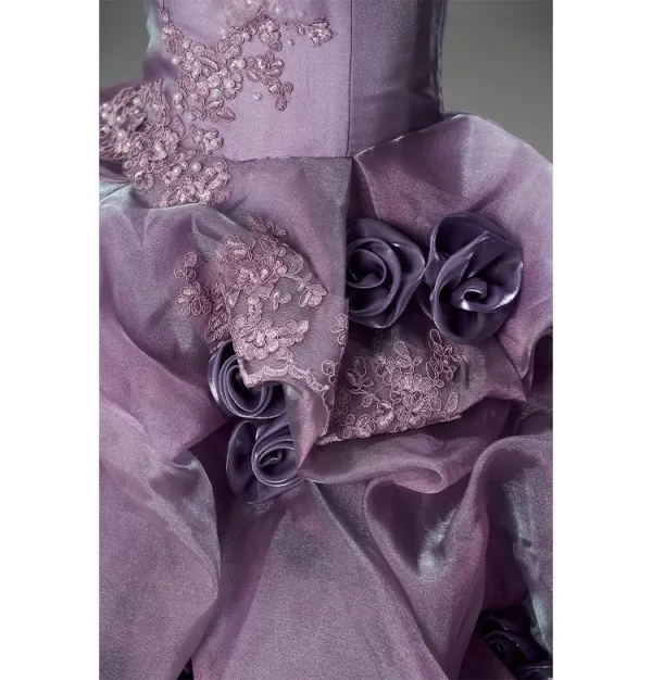 Luxury / Gorgeous Fashion Purple Pearl Lace Flower Appliques Ruffle Prom Dresses 2026 Ball Gown Strapless Sleeveless Backless Sweep Train