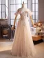 Chic / Beautiful Blushing Pink Appliques Sequins Prom Dresses 2025 A-Line / Princess Off-The-Shoulder Sleeveless Backless Floor-Length / Long Formal Dresses