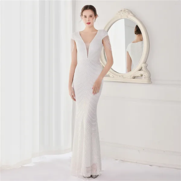 Sexy Black Beading Sequins Evening Dresses 2022 Trumpet / Mermaid V-Neck Sleeveless Floor-Length / Long Evening Party Formal Dresses