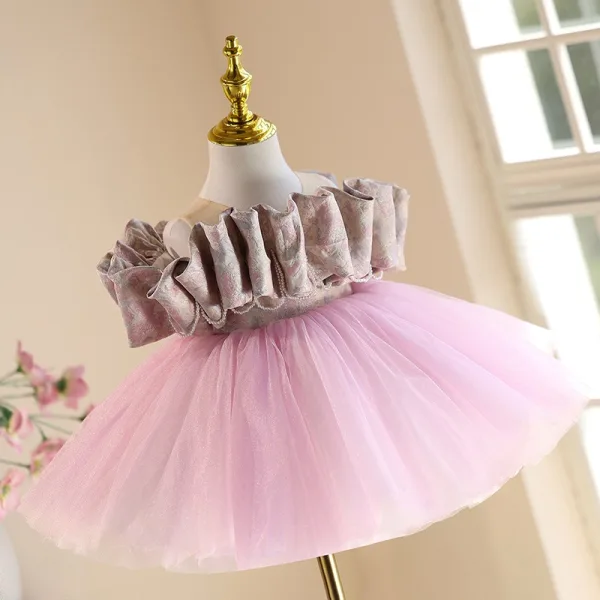 Schöne Rosa Rüschen Kurze Geburtstag Blumenmädchenkleider 2025 Ballkleid Rundhalsausschnitt Kurze Ärmel Tülle