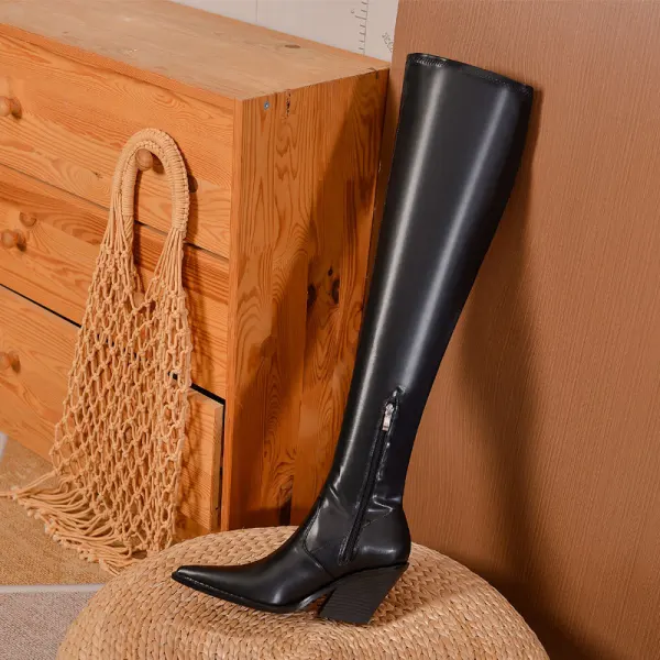 Fashion Black Fall Winter Street Wear Womens Boots 2023 6 cm Thick Heels Pointed Toe Boots