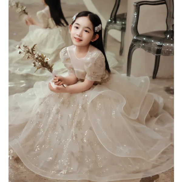 Charming Champagne Cascading Ruffles Birthday Flower Girl Dresses 2022 Ball Gown Scoop Neck Beading Pearl Sequins Appliques Short Sleeve Floor-Length / Long Flower Girl Dresses