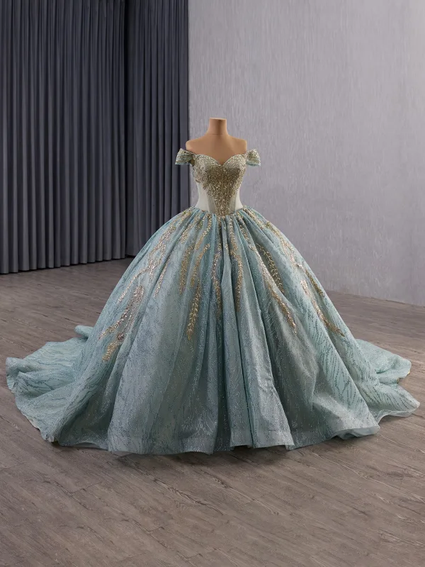 Luxury / Gorgeous Mint Green Handmade  Beading Sequins Prom Dresses 2025 Ball Gown Off-The-Shoulder Short Sleeve Backless Chapel Train Formal Dresses