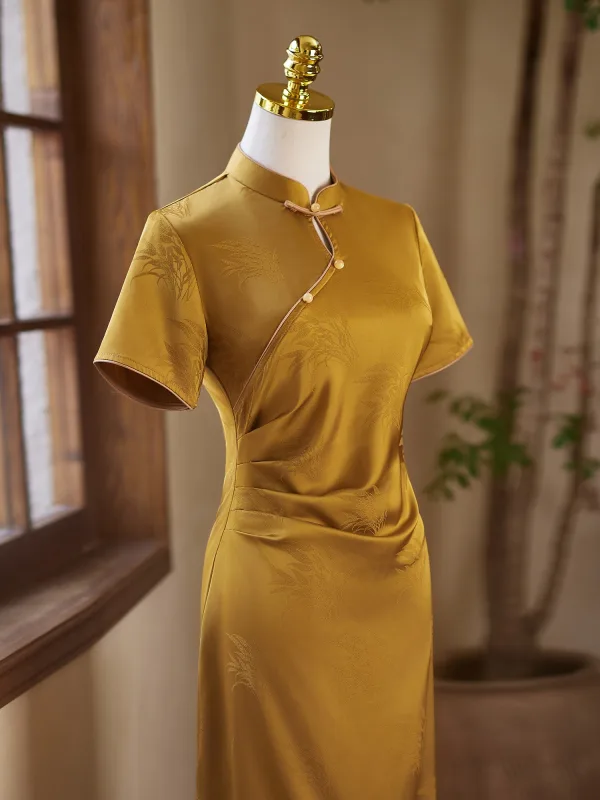 Vintage / Retro Yellow Evening Party Cheongsam 2025 Trumpet / Mermaid High Neck Short Sleeve Floor-Length / Long Cheongsam / Qipao