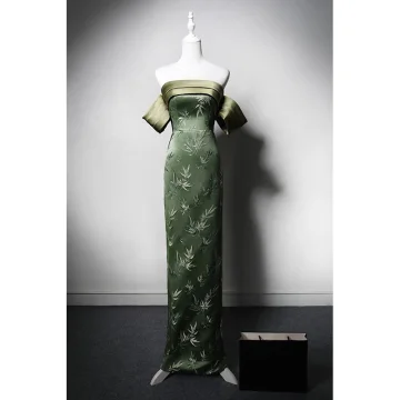 Chinese Style Clover Green Printing Prom Cheongsam 2024 Trumpet Mermaid Off The Shoulder Short Sleeve Backless Floor Length Long