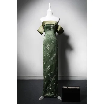 Chinese Style Clover Green Printing Prom Cheongsam 2024 Trumpet Mermaid Off The Shoulder Short Sleeve Backless Floor Length Long