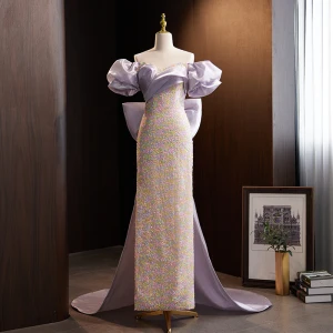 Fashion Lavender Sequins Evening Dresses 2023 Trumpet Mermaid Off The Shoulder Short Sleeve Backless Bow Sweep Train Prom Formal Dresses