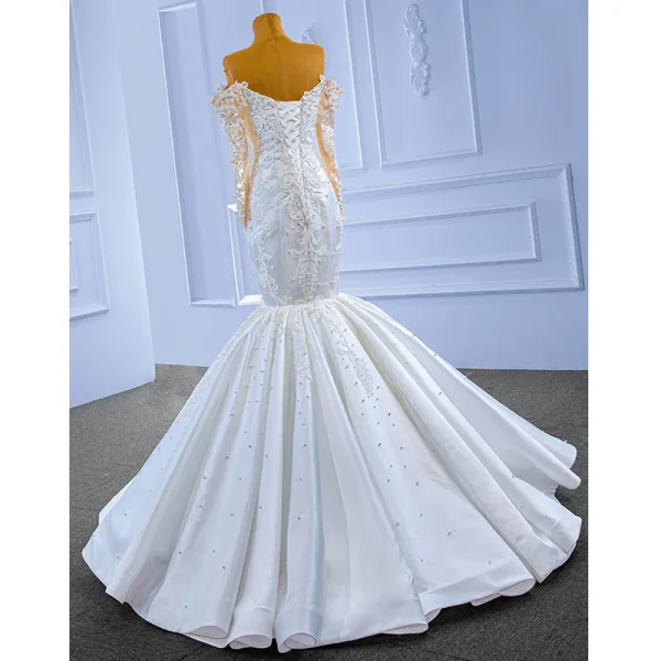 High-end White Pearl Lace Flower Wedding Dresses 2022 Ball Gown Off-The-Shoulder Long Sleeve Backless Floor-Length / Long Wedding