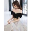 Elegante Schwarz Heimkehr Knielang Abiballkleider 2022 A Linie Off Shoulder Kurze Ärmel Rückenfreies Festliche Kleider