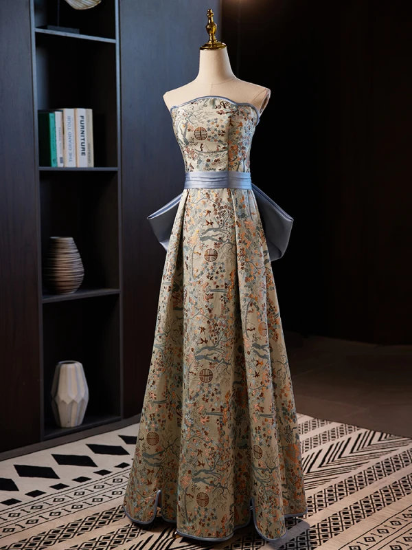 Chinese style Printing Prom Dresses 2024 A-Line / Princess Sleeveless Strapless Backless Bow Floor-Length / Long Prom Formal Dresses