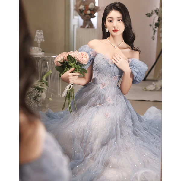 Charming Sky Blue Beading Pearl Appliques Prom Dresses 2023 A-Line / Princess Off-The-Shoulder Short Sleeve Backless Floor-Length / Long Prom Formal Dresses