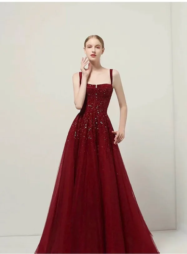 Bling Bling Burgundy Beading Sequins Evening Dresses 2026 A-Line / Princess Spaghetti Straps Sleeveless Backless Sweep Train