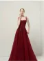 Bling Bling Burgundy Beading Sequins Evening Dresses 2026 A-Line / Princess Spaghetti Straps Sleeveless Backless Sweep Train