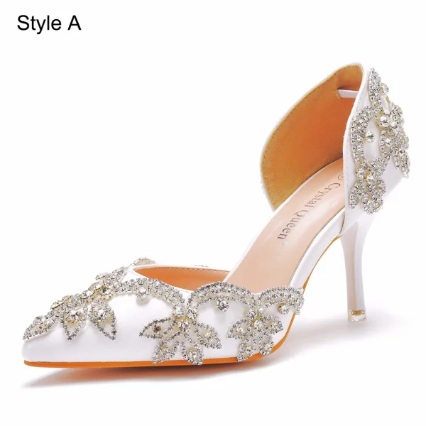 Charming White Rhinestone Wedding Shoes 2023 7 cm Stiletto Heels Pointed Toe Wedding High Heels