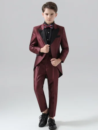 Burgundy 4 Piece Long Sleeve Wedding Boys Wedding Suits 2024 Coat Pants Shirt Tie