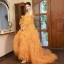 Charmant Orange Plissee Ballkleider 2023 Ballkleid Off Shoulder Kurze Ärmel Rückenfreies Gespaltete Front Sweep / Pinsel Zug Ball Festliche Kleider