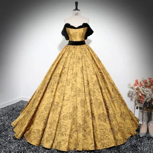 Élégant Doré Impression Robe De Bal 2024 Robe Boule Bustier Sans Manches Dos Nu Longue Robe De Ceremonie