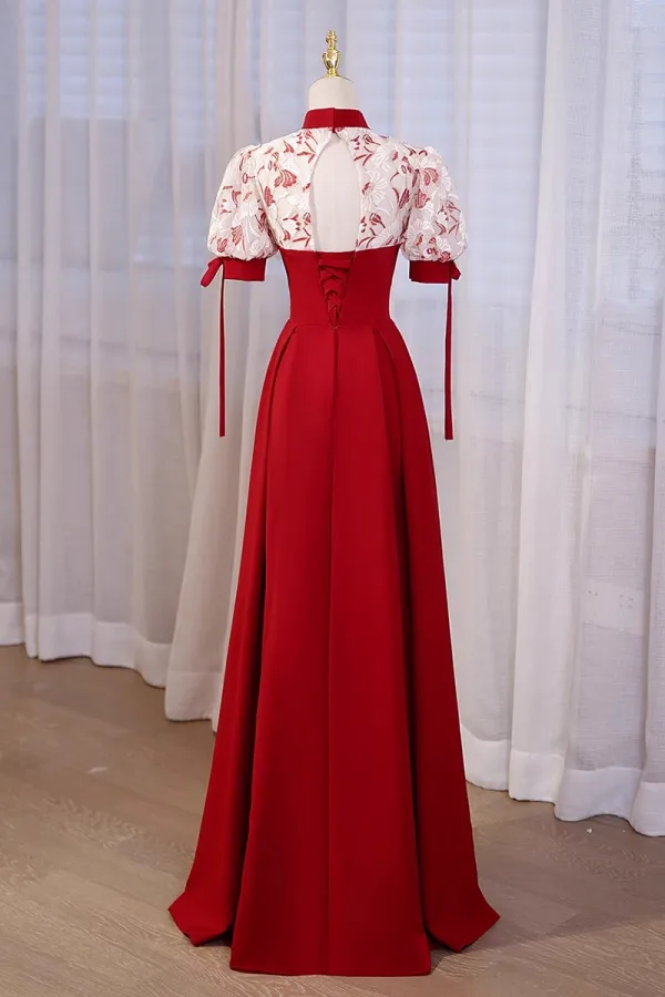 Chinese style Burgundy Pearl Satin Cheongsam Evening Dresses Prom Dresses 2023 A-Line / Princess High Neck Short Sleeve Backless Floor-Length / Long Evening Party Prom Dresses Formal Dresses