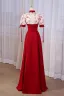 Chinese style Burgundy Pearl Satin Cheongsam Evening Dresses Prom Dresses 2023 A-Line / Princess High Neck Short Sleeve Backless Floor-Length / Long Evening Party Prom Dresses Formal Dresses