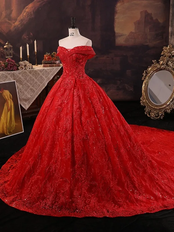 Amazing / Unique Red Beading Sequins Lace Flower Royal Train Wedding Dresses 2025 Ball Gown Off-The-Shoulder Short Sleeve Backless Tulle Wedding