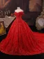 Amazing / Unique Red Beading Sequins Lace Flower Royal Train Wedding Dresses 2025 Ball Gown Off-The-Shoulder Short Sleeve Backless Tulle Wedding