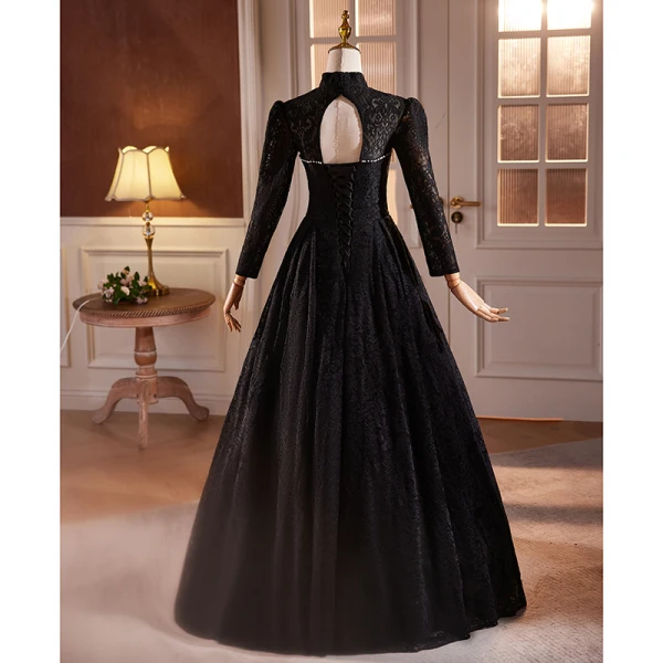 Vintage / Originale Noire En Dentelle Hiver Robe De Bal 2024 Princesse Col Haut Manches Longues Dos Nu Longue Promo Robe De Ceremonie