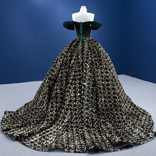 Scintillantes Vert Foncé Perlage Paillettes Daim Robe De Bal 2022 Robe Boule De l'épaule Manches Courtes Dos Nu Chapel Train Promo Robe De Ceremonie