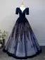 Elegant Navy Blue Sequins Prom Dresses 2025 Ball Gown V-Neck Short Sleeve Backless Floor-Length / Long Prom Formal Dresses