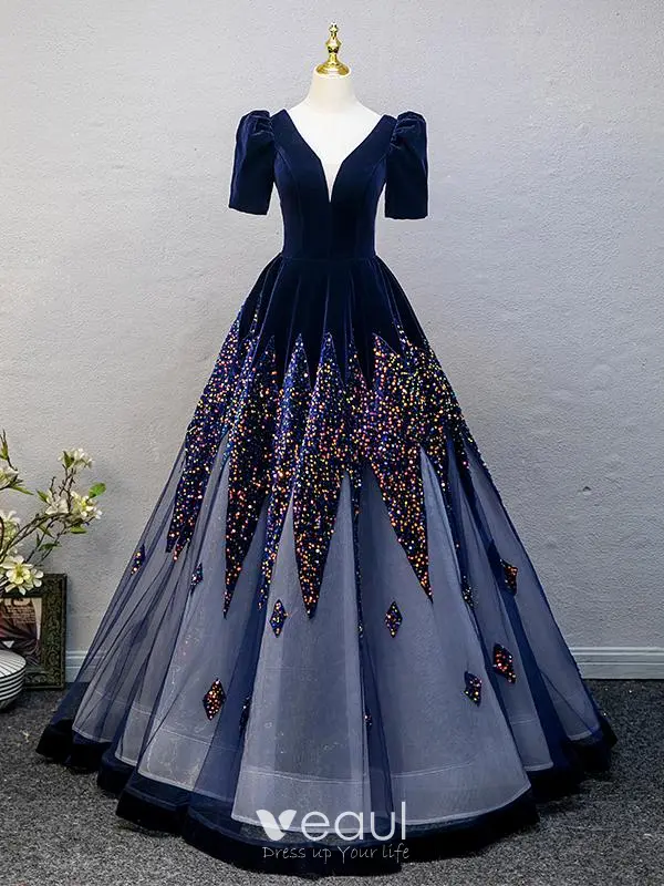 sachin and babi light blue dress Elegant Navy Blue Sequins Prom Dresses 2025 Ball Gown V-Neck Short Sleeve  Backless Floor-Length / Long Prom Formal Dresses