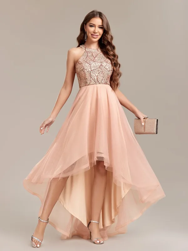 Chic / Beautiful Gold Sequins Asymmetrical Prom Dresses 2024 A-Line / Princess High Neck Sleeveless Tulle Prom Formal Dresses